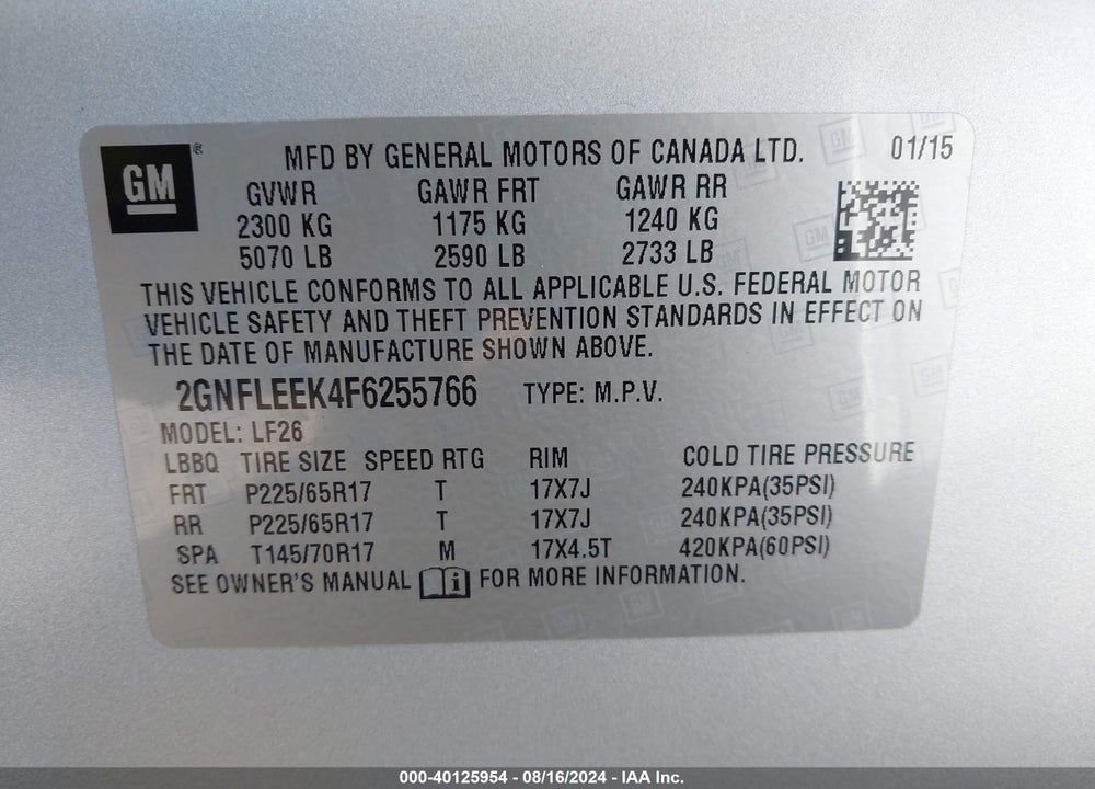 2015 CHEVROLET EQUINOX LS VIN: 2GNFLEEK4F6255766
