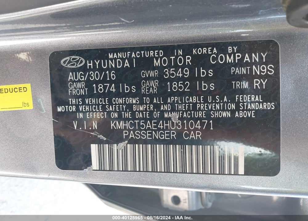 2017 HYUNDAI ACCENT SE VIN: KMHCT5AE4HU310471
