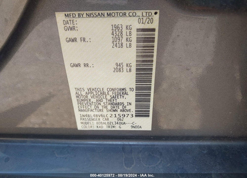 2020 NISSAN ALTIMA S FWD VIN: 1N4BL4BV6LC215973