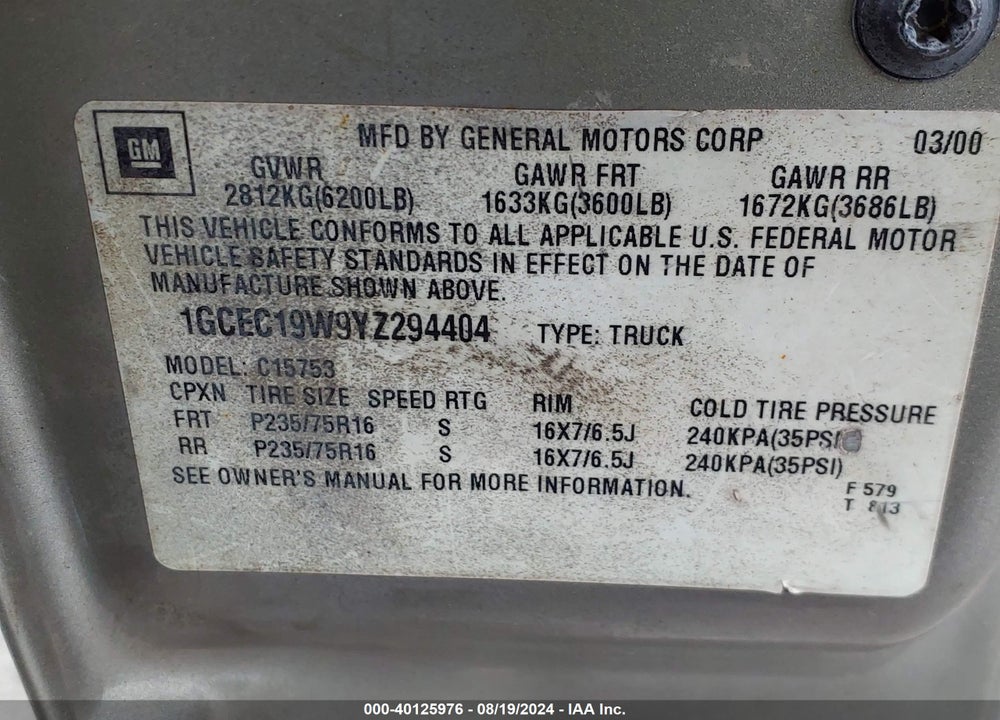 2000 CHEVROLET SILVERADO 1500 LS VIN: 1GCEC19W9YZ294404