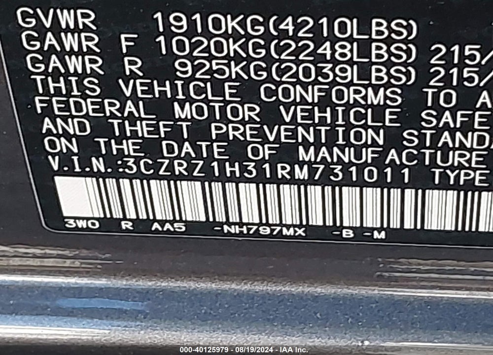 2024 HONDA HR-V 2WD LX VIN: 3CZRZ1H31RM731011