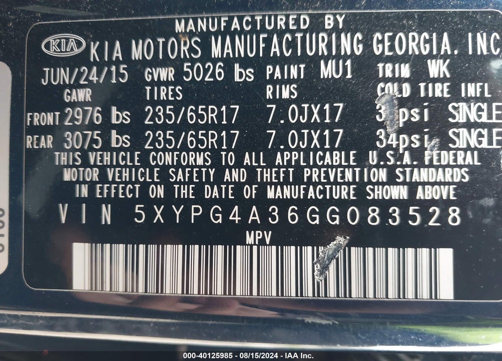 2016 KIA SORENTO 2.4L LX VIN: 5XYPG4A36GG083528