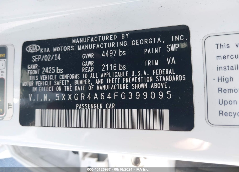 2015 KIA OPTIMA SXL TURBO VIN: 5XXGR4A64FG399095