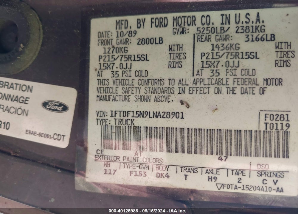 1990 FORD F150 VIN: 1FTDF15N9LNA28901