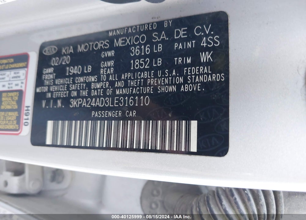 2020 KIA RIO LX VIN: 3KPA24AD3LE316110