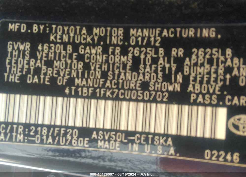 2012 TOYOTA CAMRY SE VIN: 4T1BF1FK7CU050702