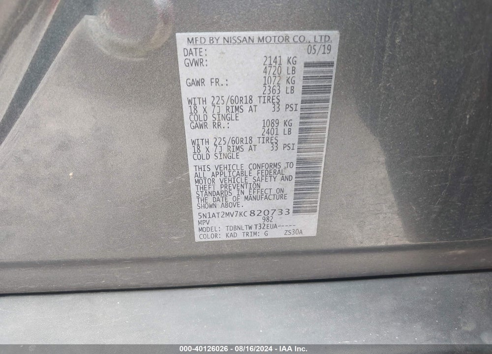 2019 NISSAN ROGUE SV VIN: 5N1AT2MV7KC820733