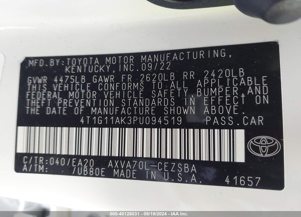 2023 TOYOTA CAMRY SE VIN: 4T1G11AK3PU094519