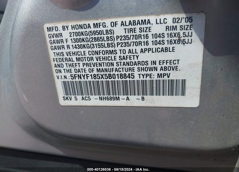2005 HONDA PILOT EX-L VIN: 5FNYF185X5B018845