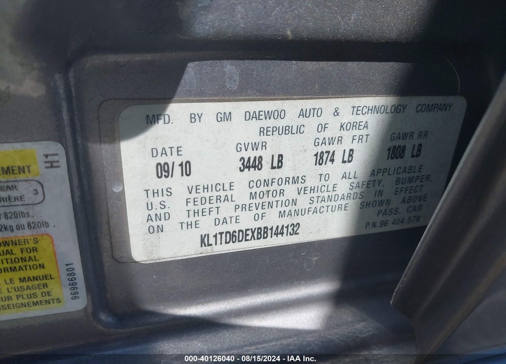 2011 CHEVROLET AVEO 1LT VIN: KL1TD6DEXBB144132