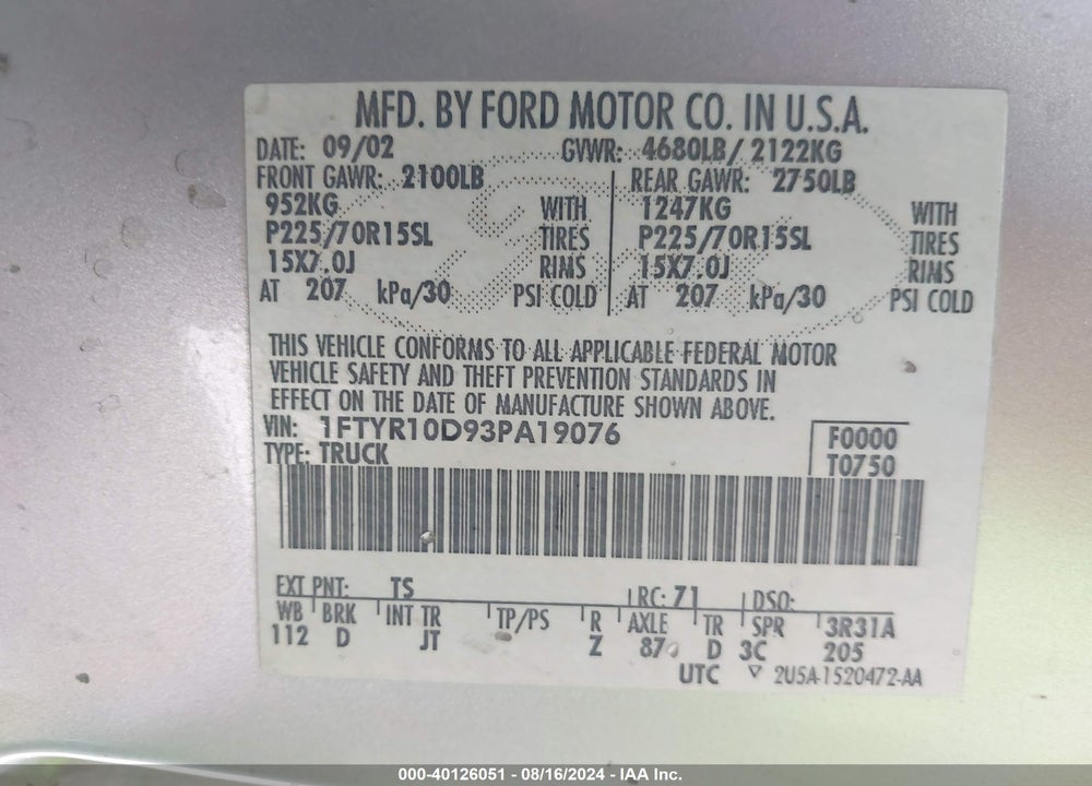 2003 FORD RANGER XL/XLT VIN: 1FTYR10D93PA19076