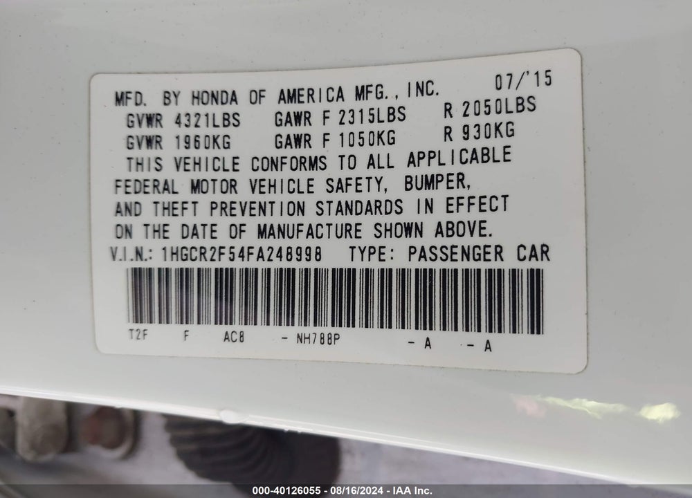 2015 HONDA ACCORD SPORT VIN: 1HGCR2F54FA248998