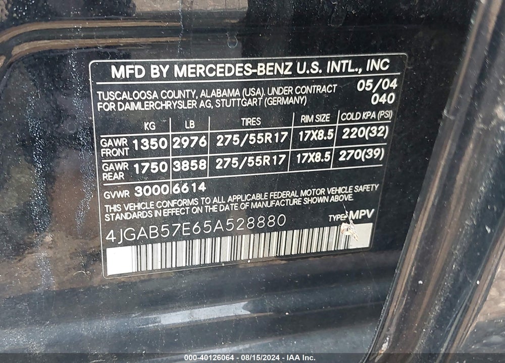 2005 MERCEDES-BENZ ML 350 4MATIC VIN: 4JGAB57E65A528880