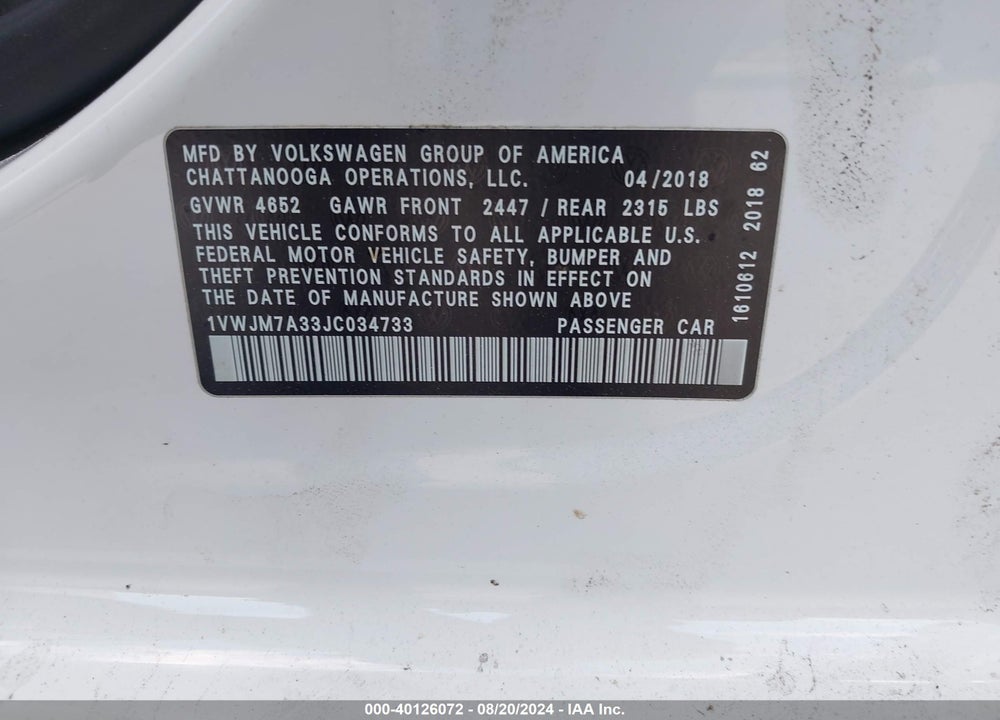 2018 VOLKSWAGEN PASSAT 3.6L V6 GT VIN: 1VWJM7A33JC034733