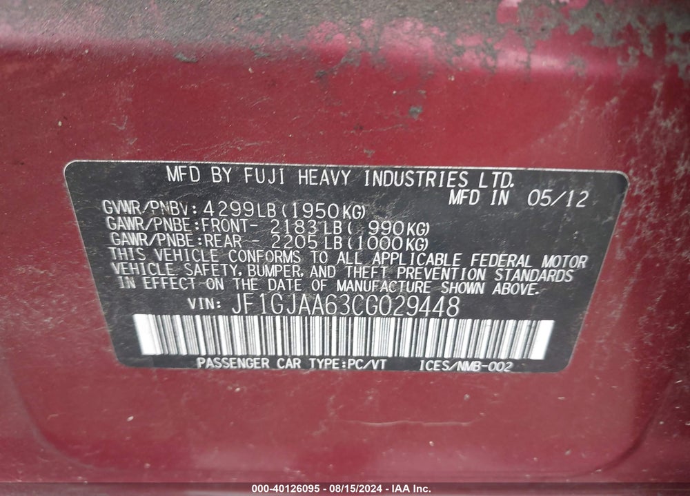 2012 SUBARU IMPREZA 2.0I VIN: JF1GJAA63CG029448