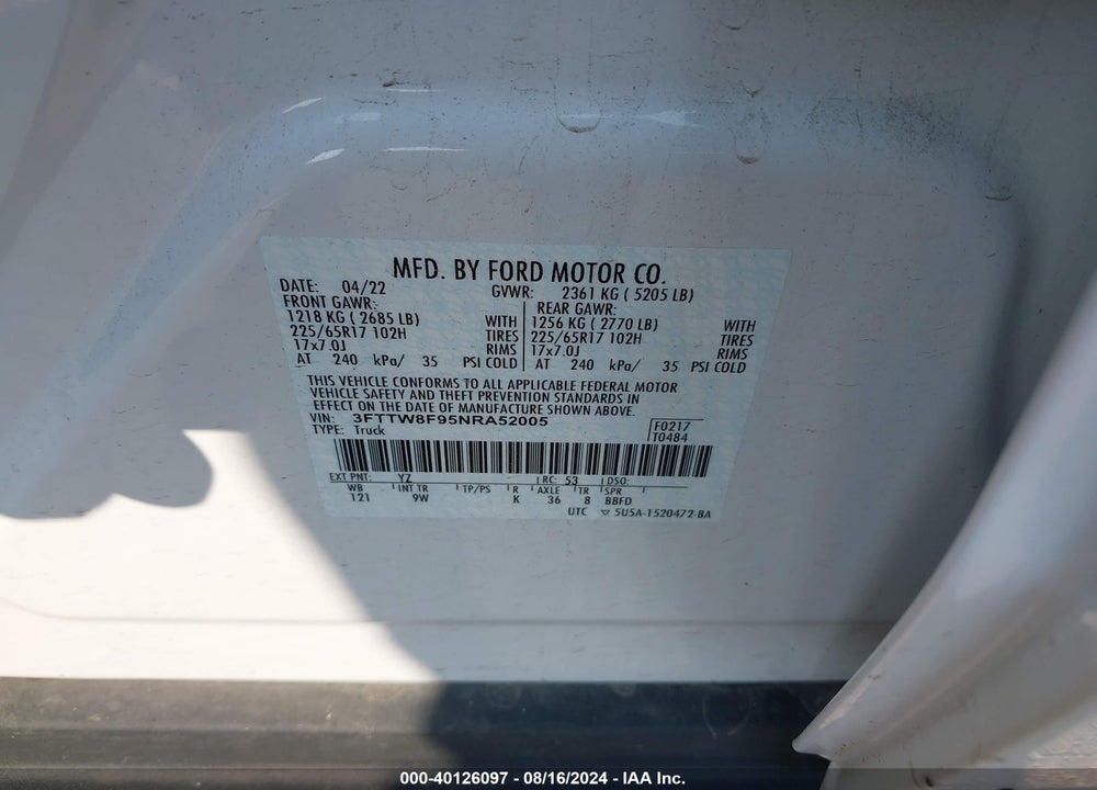 2022 FORD MAVERICK XL VIN: 3FTTW8F95NRA52005
