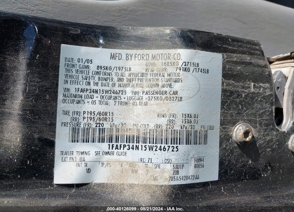 2005 FORD FOCUS ZX4 VIN: 1FAFP34N15W246725