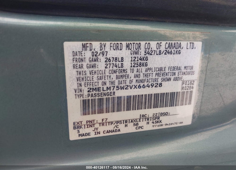 1997 MERCURY GRAND MARQUIS LS VIN: 2MELM75W2VX664928
