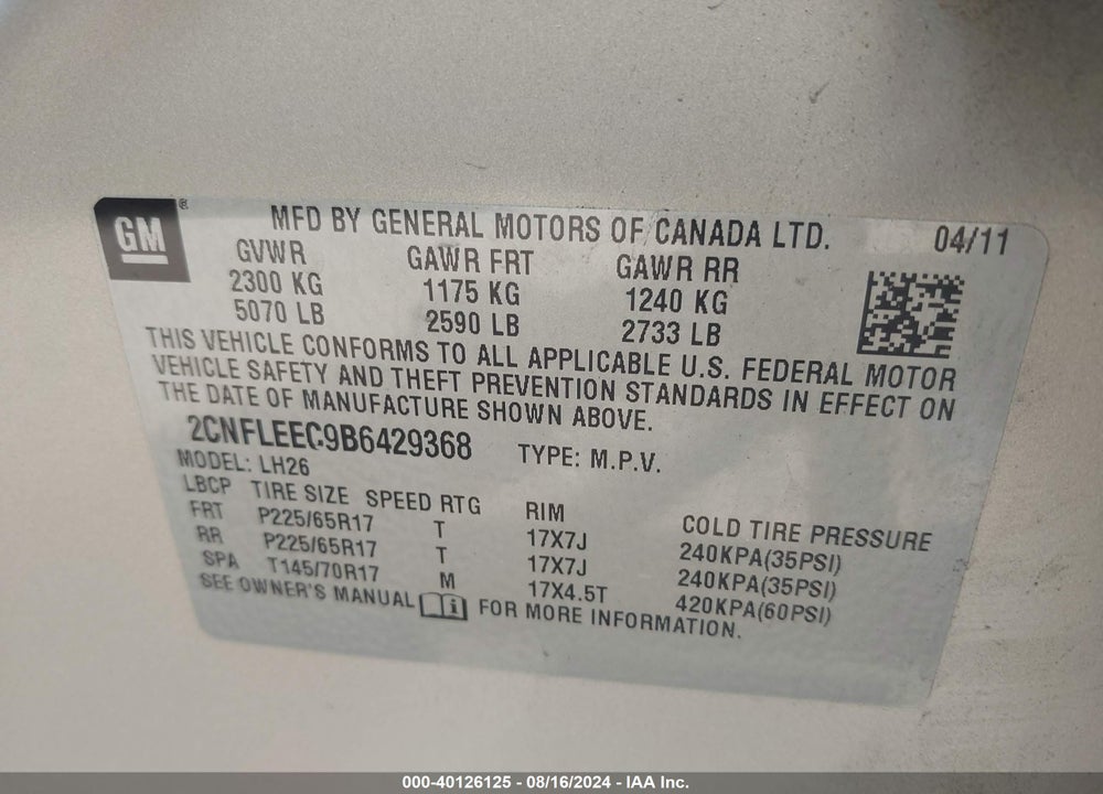 2011 CHEVROLET EQUINOX 1LT VIN: 2CNFLEEC9B6429368
