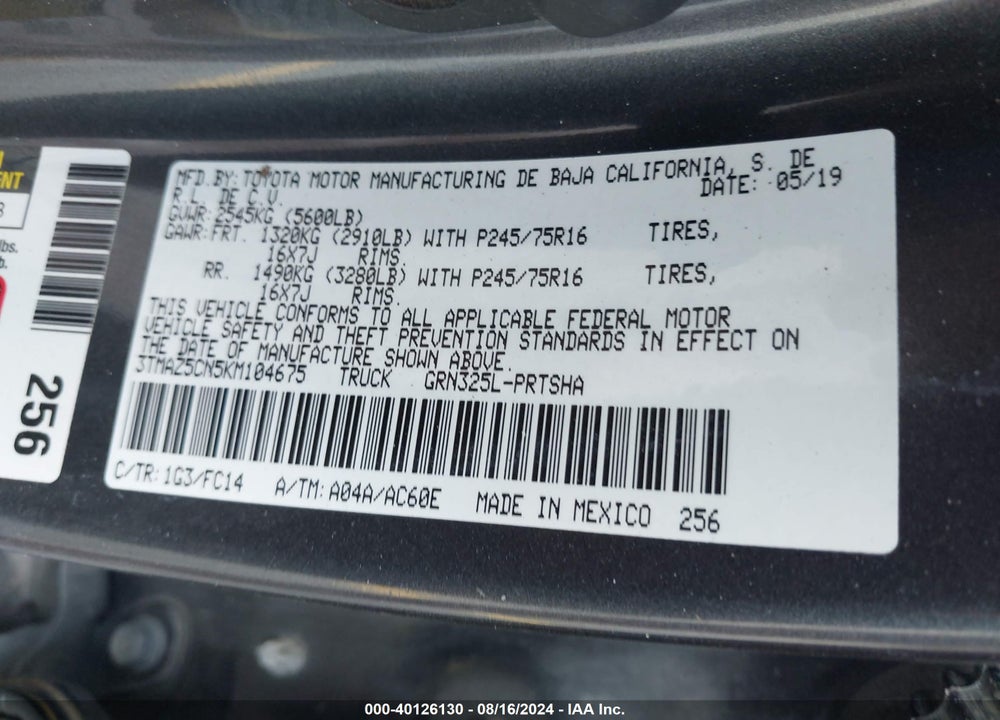 2019 TOYOTA TACOMA SR5 V6 VIN: 3TMAZ5CN5KM104675