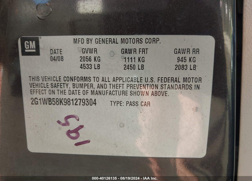 2008 CHEVROLET IMPALA VIN: 2G1WB58K981279304