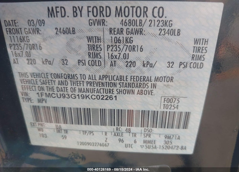2009 FORD ESCAPE XLT VIN: 1FMCU93G19KC02261