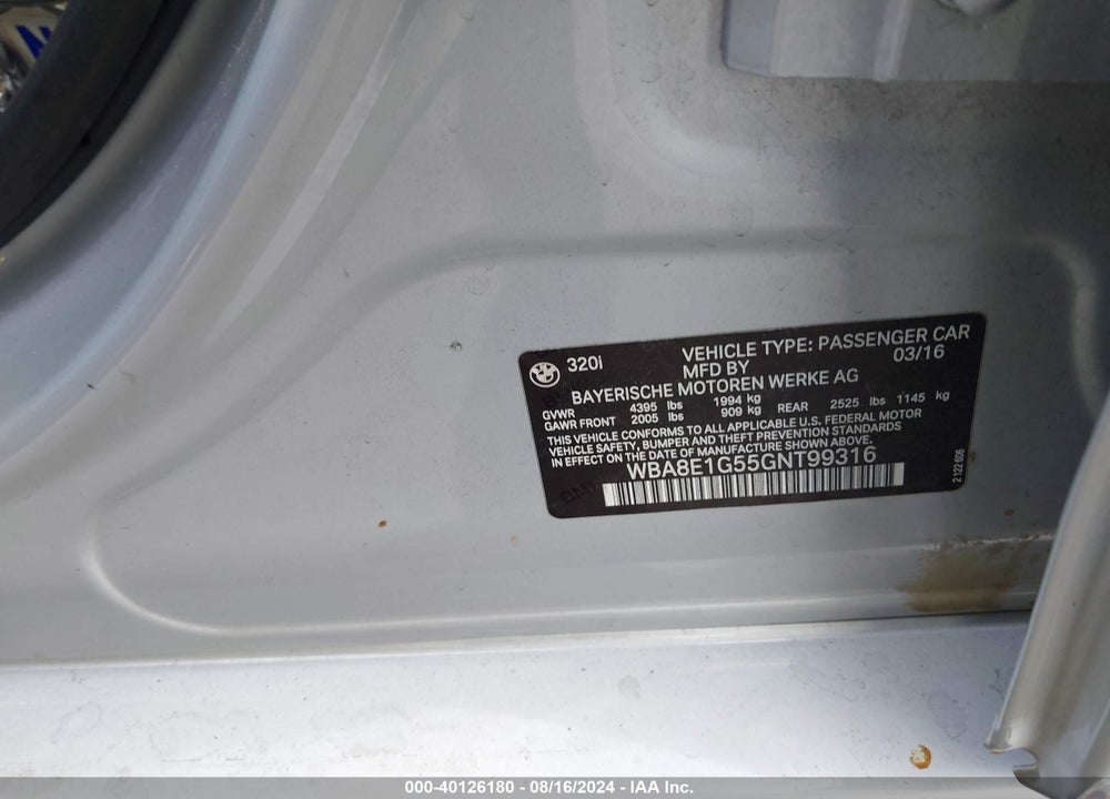 2016 BMW 320I VIN: WBA8E1G55GNT99316