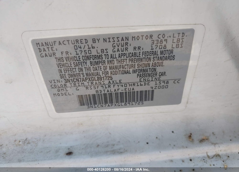 2016 NISSAN VERSA 1.6 S+ VIN: 3N1CN7APXGL891725
