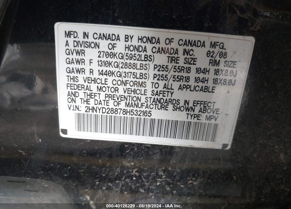 2008 ACURA MDX SPORT PACKAGE VIN: 2HNYD28878H532165