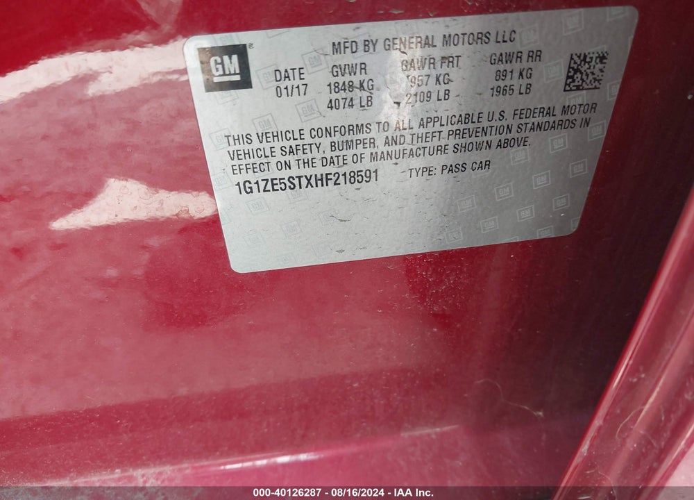 2017 CHEVROLET MALIBU 1LT VIN: 1G1ZE5STXHF218591