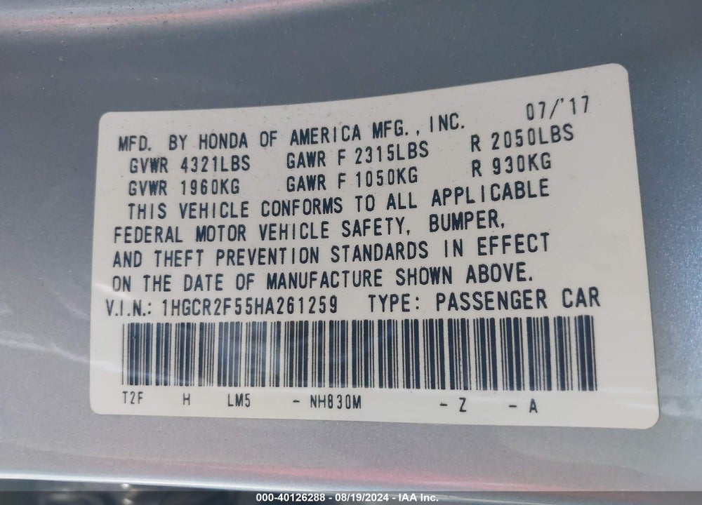 2017 HONDA ACCORD SPORT VIN: 1HGCR2F55HA261259