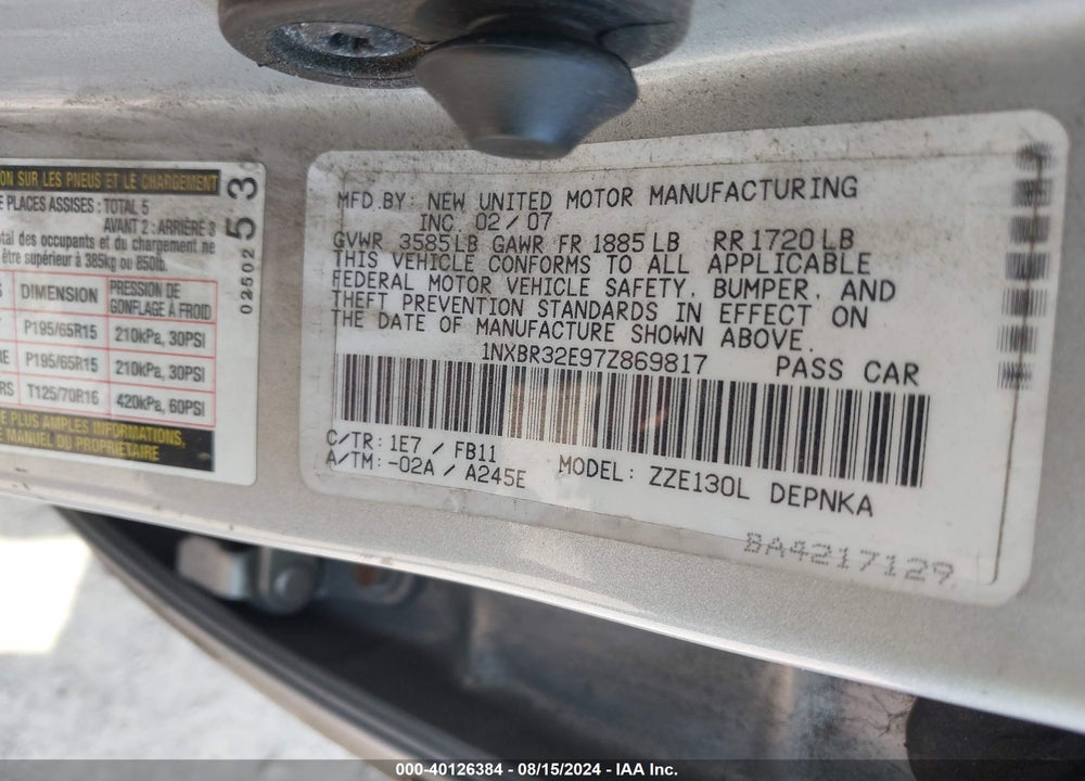 2007 TOYOTA COROLLA LE VIN: 1NXBR32E97Z869817