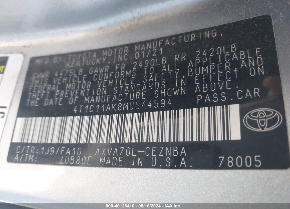 2021 TOYOTA CAMRY LE VIN: 4T1C11AK8MU544594