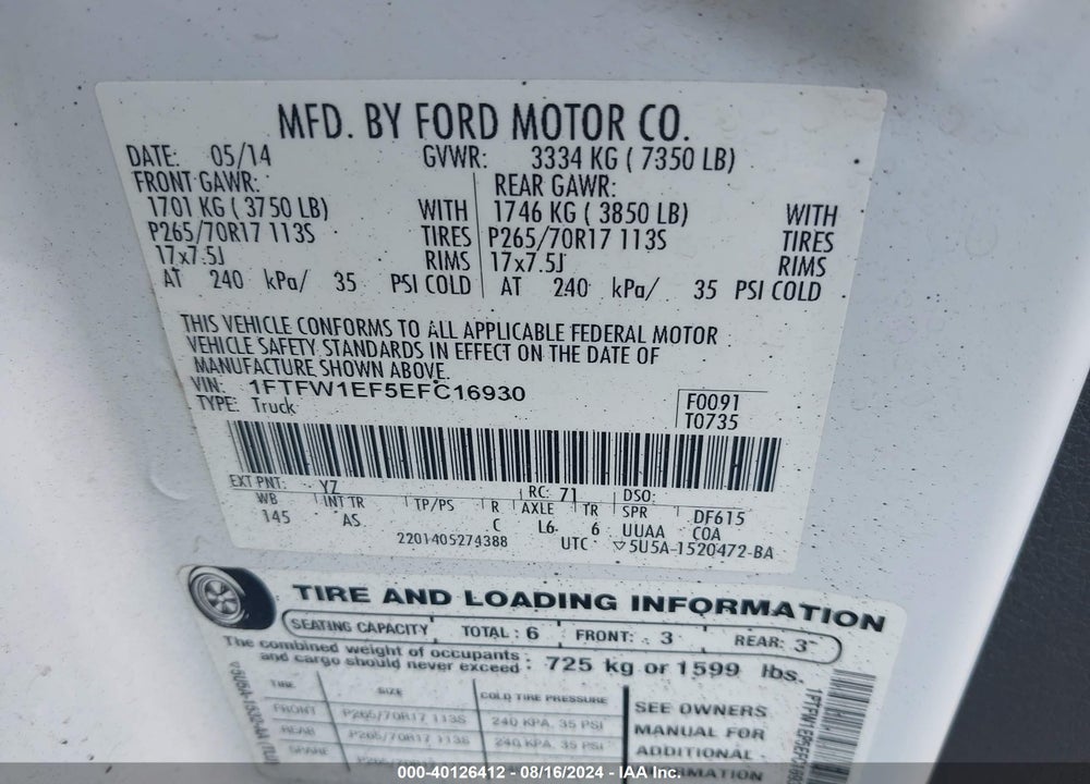 2014 FORD F-150 XL VIN: 1FTFW1EF5EFC16930