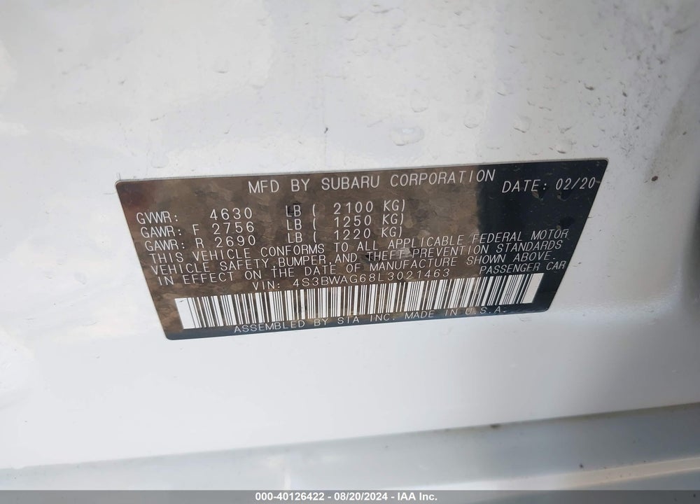 2020 SUBARU LEGACY SPORT VIN: 4S3BWAG68L3021463