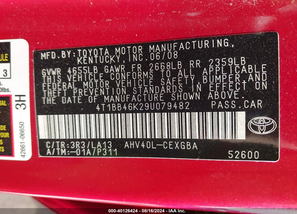 2009 TOYOTA CAMRY HYBRID VIN: 4T1BB46K29U079482