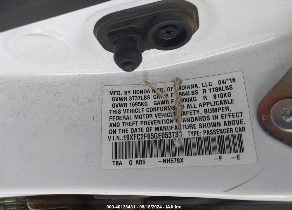 2016 HONDA CIVIC LX VIN: 19XFC2F65GE053738