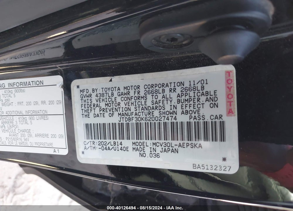 2002 TOYOTA CAMRY SE V6 VIN: JTDBF30K620027474
