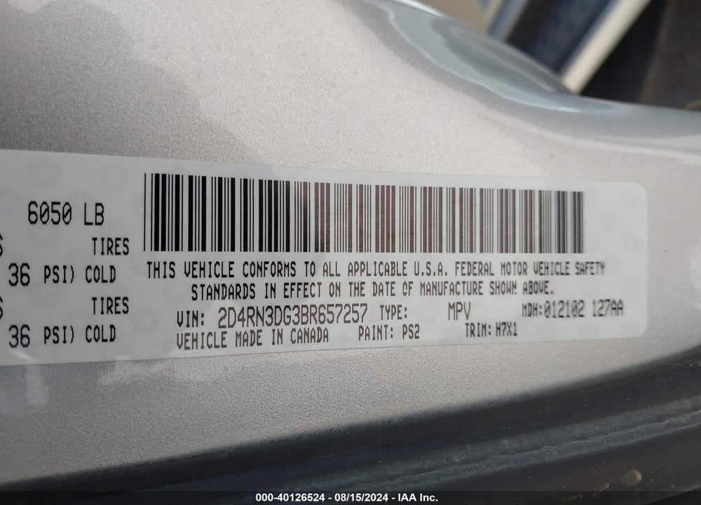 2011 DODGE GRAND CARAVAN VIN: 2D4RN3DG3BR657257