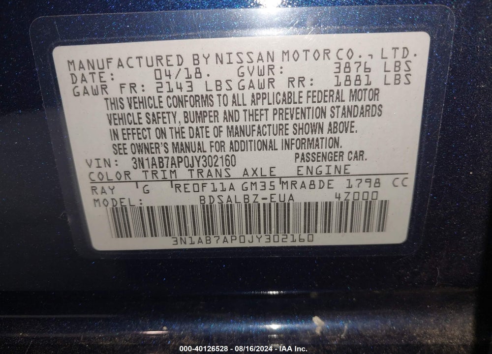 2018 NISSAN SENTRA S VIN: 3N1AB7AP0JY302160