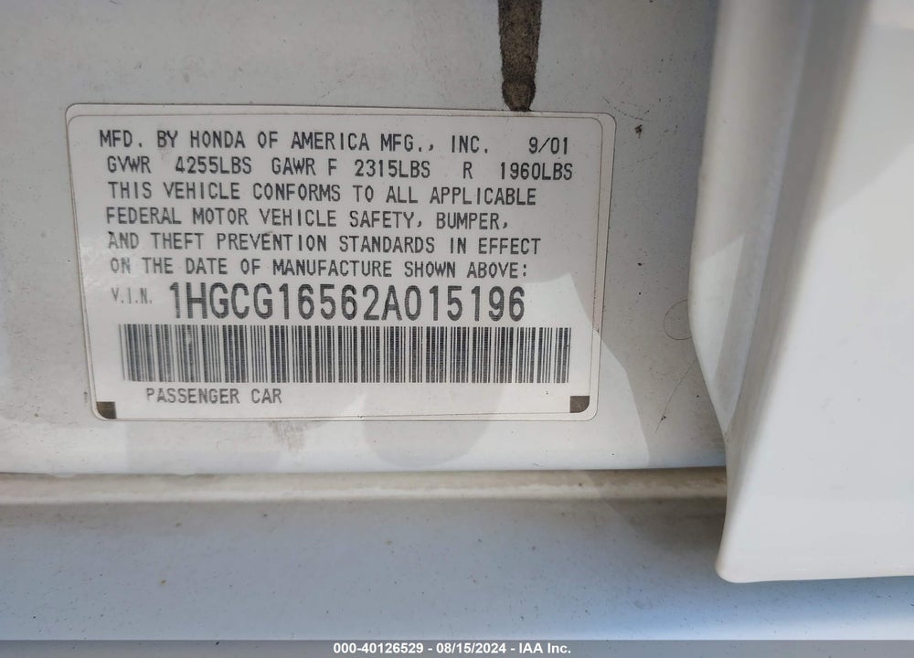 2002 HONDA ACCORD 3.0 EX VIN: 1HGCG16562A015196