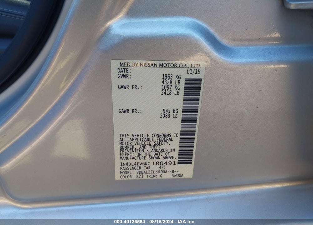 2019 NISSAN ALTIMA 2.5 SL VIN: 1N4BL4EV6KC180491