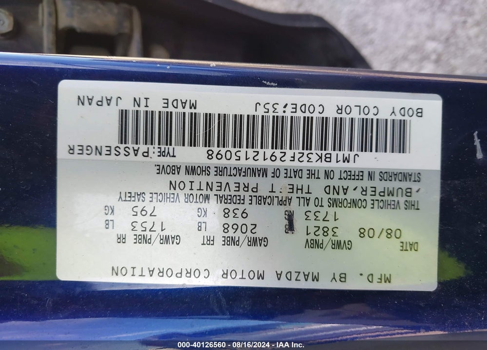 2009 MAZDA 3 I VIN: JM1BK32F291215098