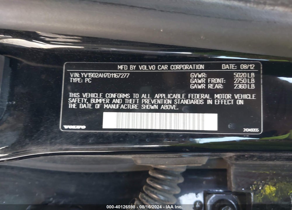 2013 VOLVO S80 T6 VIN: YV1902AH7D1167277