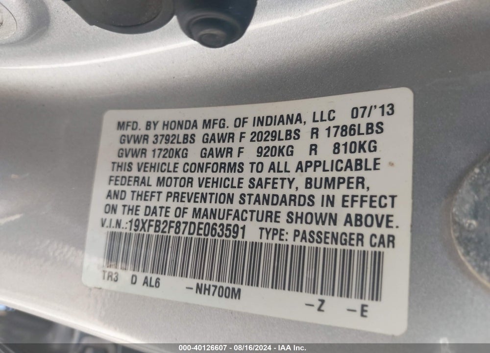 2013 HONDA CIVIC EX VIN: 19XFB2F87DE063591