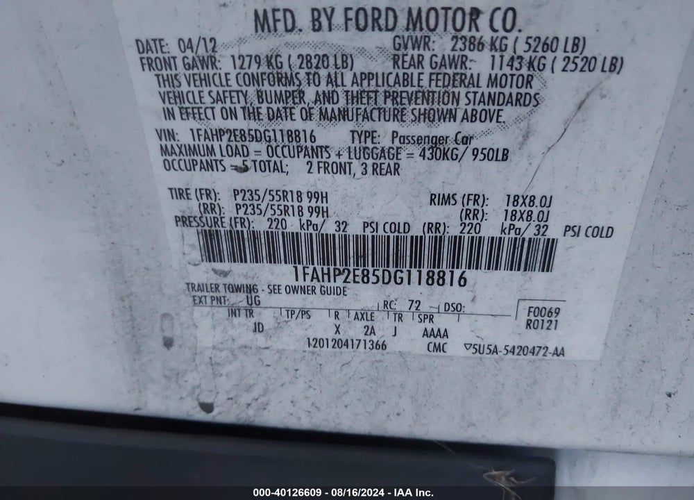2013 FORD TAURUS SEL VIN: 1FAHP2E85DG118816