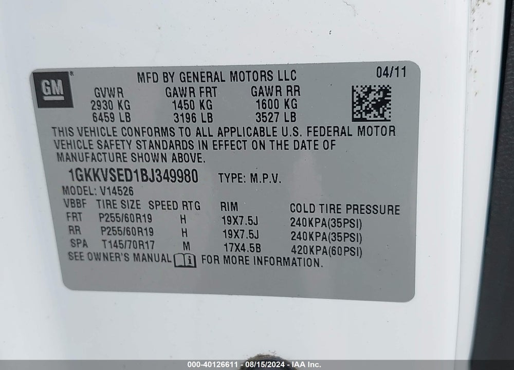 2011 GMC ACADIA SLT-2 VIN: 1GKKVSED1BJ349980