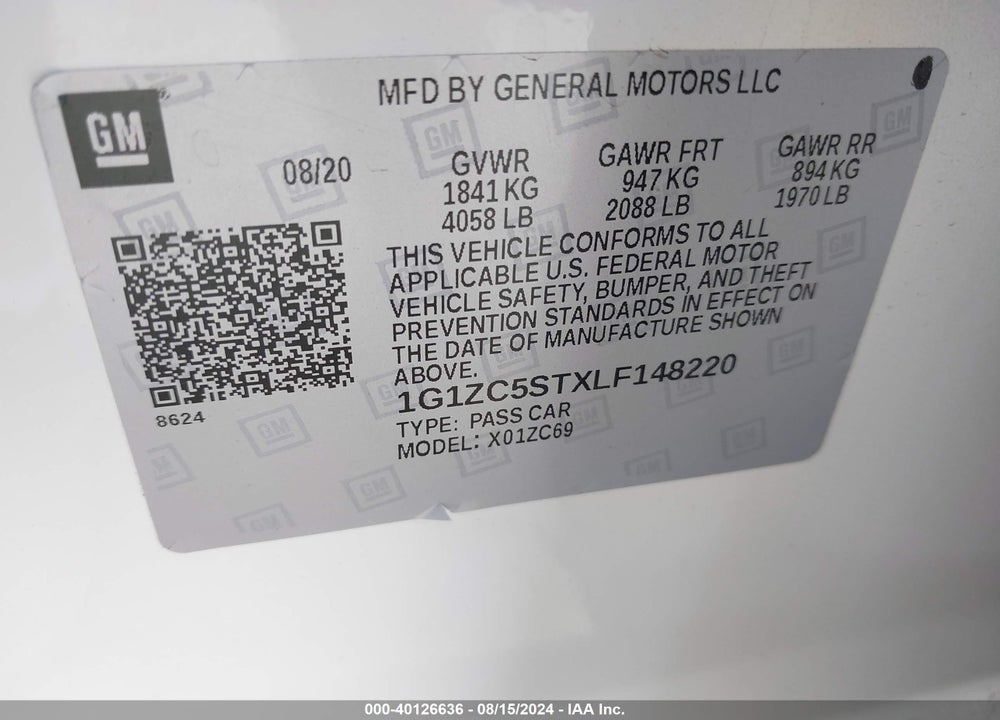 2020 CHEVROLET MALIBU FWD 1FL VIN: 1G1ZC5STXLF148220