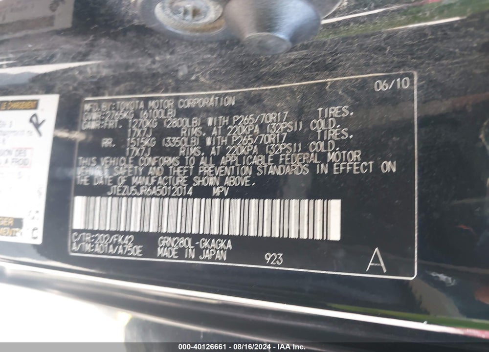 2010 TOYOTA 4RUNNER SR5 V6 VIN: JTEZU5JR6A5012014