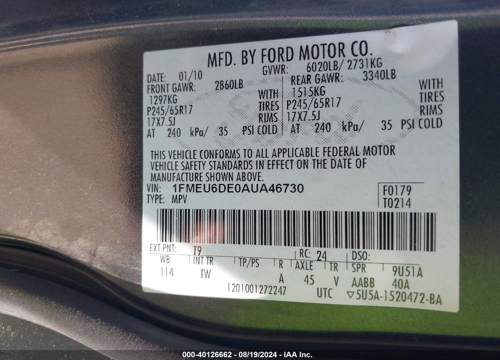 2010 FORD EXPLORER XLT VIN: 1FMEU6DE0AUA46730